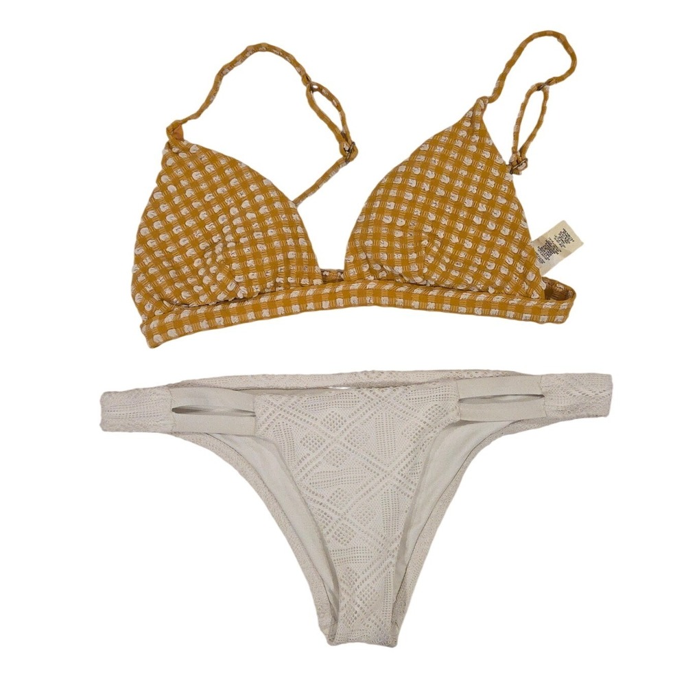 Vitamin A Gingham Triangle Top Crochet Bottom Bikini Set Gold‎ White Medium 8